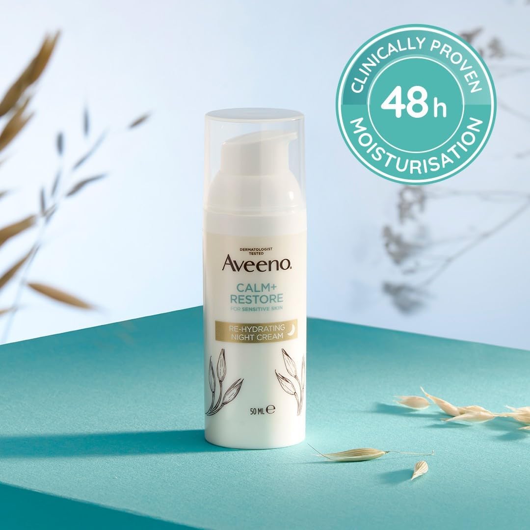 Aveeno Face CALM+RESTORE Re-Hydrating Night Cream, Intensely Nourishes, With Shea Butter & Prebiotic Oat, For Sensitive Skin, Fragrance Free, 50ml