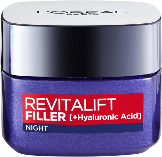 L’Oréal Paris Revitalift Filler Replumping Anti-Ageing Night Cream, Smooth Wrinkles, Moisturise, and Replumps Skin with Micro and Micro-Epidermic Hyaluronic Acid, 50ml