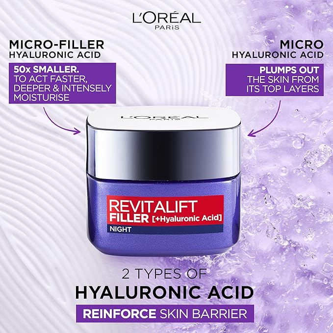 L’Oréal Paris Revitalift Filler Replumping Anti-Ageing Night Cream, Smooth Wrinkles, Moisturise, and Replumps Skin with Micro and Micro-Epidermic Hyaluronic Acid, 50ml