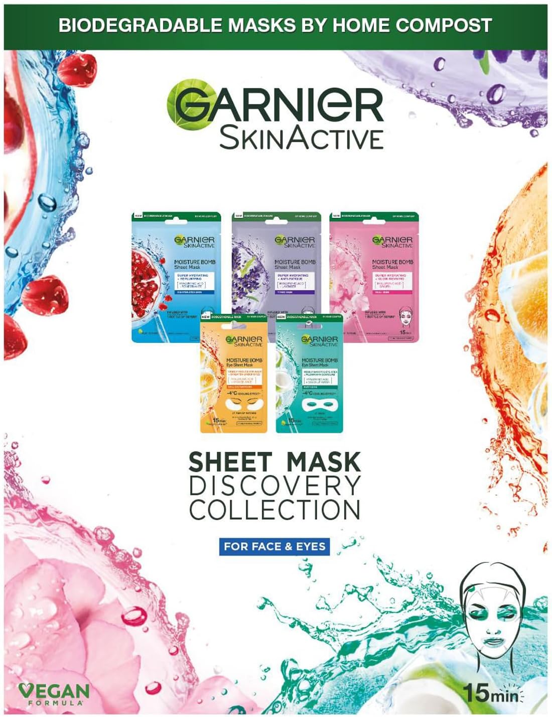 Garnier Sheet Mask Discovery Collection, Face & Eye Sheet Masks for Dehydrated, Dull and Tired Skin, With Hyaluronic Acid and Glycerine, Skin Active, Pack of 5